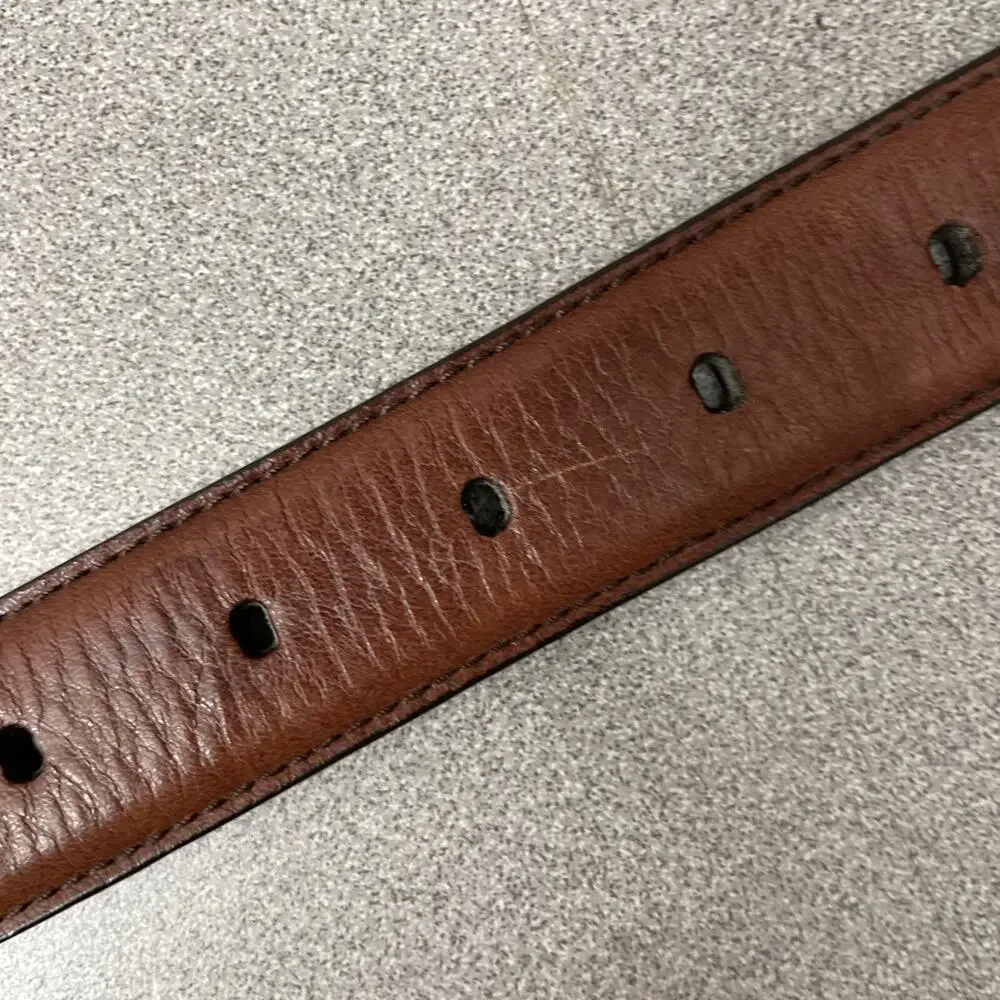 Fossil Brown Leather Belt Mens 38 Silver Buckle Woven 1.25